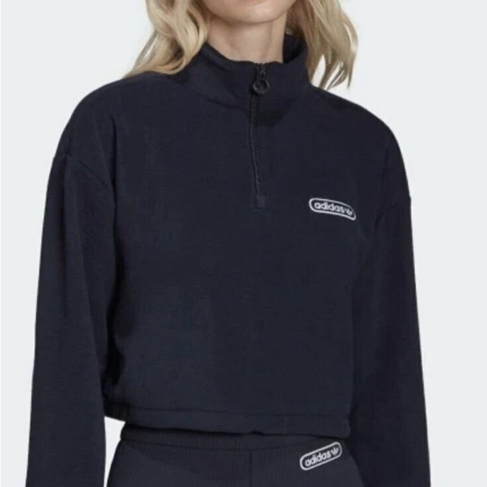 ADIDAS ORIGINALS RETRO LUXURY 1/4 ZIP FLEECE CROPPED SWEATER NAVY BLUE S